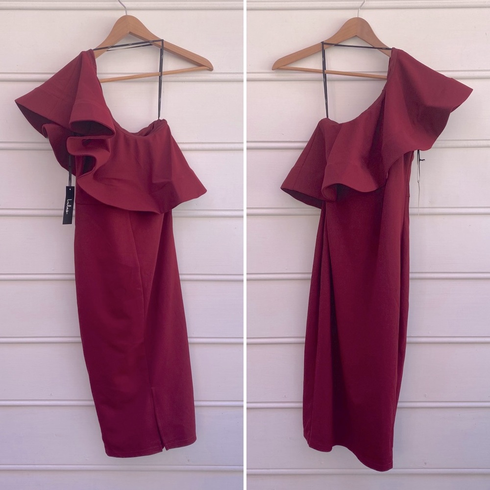 Lulu’s one shoulder midi bodycon holiday burgundy cocktail dress NWT medium - Picture 2 of 5